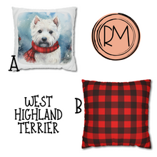 Load image into Gallery viewer, Christmas Pillow Cover, West Highland Terrier, Square Pillow Cover, Terrier in a Tartan Scarf, Holiday Pillow Cover, Holiday Decor Pillow Cover