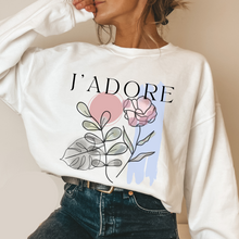 Load image into Gallery viewer, Women's J'Adore Valentine's Unisex Crewneck Sweatshirt Minimalist Abstract Valentine Design in Soft Pink, Light Blue and White