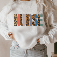 Load image into Gallery viewer, Nurse Sweatshirt, Nurse Shirts, Graduation Gift, Nursing School, Nurses Week Appreciation, RN, Unisex Crewneck Sweatshirt Leopard Letters