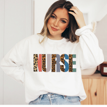 Load image into Gallery viewer, Nurse Sweatshirt, Nurse Shirts, Graduation Gift, Nursing School, Nurses Week Appreciation, RN, Unisex Crewneck Sweatshirt Leopard Letters