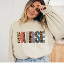 Load image into Gallery viewer, Nurse Sweatshirt, Nurse Shirts, Graduation Gift, Nursing School, Nurses Week Appreciation, RN, Unisex Crewneck Sweatshirt Leopard Letters
