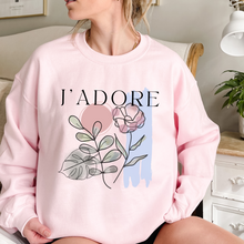Load image into Gallery viewer, Women's J'Adore Valentine's Unisex Crewneck Sweatshirt Minimalist Abstract Valentine Design in Soft Pink, Light Blue and White