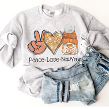 Load image into Gallery viewer, Peace Love New Year Winter Gnome Crewneck Sweatshirt Women's Soft, Cozy Pullover in Ash or White Cute Vintage Retro Winter Design