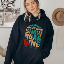 Load image into Gallery viewer, Never Stop Snowboarding Hooded Sweatshirt Hoodie Retro Snowboarding Cozy Warm Hoodie in White Ash Sand or Sport Grey