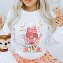 Load image into Gallery viewer, New Year's Sweatshirt or Tee, Women's Happy New Year Unisex Size Pink Glittery Gnome Champagne Pullover, Cute Gnome Holiday Shirt