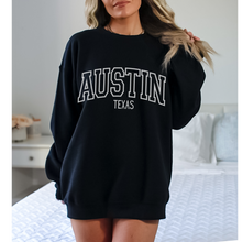 Load image into Gallery viewer, Austin Texas Crewneck Sweatshirt, Varsity Design, Texas Pullover, Trendy, Oversize Varsity Letters Pullover