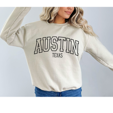 Load image into Gallery viewer, Austin Texas Crewneck Sweatshirt, Varsity Design, Texas Pullover, Trendy, Oversize Varsity Letters Pullover
