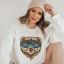 Load image into Gallery viewer, Ski Bear Women's Sweatshirt, Ash, White or Sand Fleece Crewneck Pullover Cozy Winter Sports Skiing Brown Bear in Ski Goggles Sweatshirts