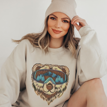 Load image into Gallery viewer, Ski Bear Women's Sweatshirt, Ash, White or Sand Fleece Crewneck Pullover Cozy Winter Sports Skiing Brown Bear in Ski Goggles Sweatshirts
