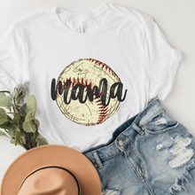 Load image into Gallery viewer, Women's Spring or Summer Baseball Mama Crewneck Sweatshirt or T-Shirt Hand-Drawn Watercolor Baseball Design Gift for Mom