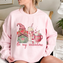 Load image into Gallery viewer, Be My Valentine Gnome and Coffee Valentine's Day T-Shirt in White or Pink T-Shirt or Crewneck Sweatshirt Valentine's Gift