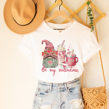 Load image into Gallery viewer, Be My Valentine Gnome and Coffee Valentine's Day T-Shirt in White or Pink T-Shirt or Crewneck Sweatshirt Valentine's Gift