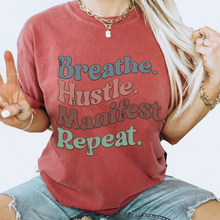 Load image into Gallery viewer, Breathe Hustle Manifest Repeat Tee, 70's Comfort Colors® T-shirt, Spring1970's Retro Design T-Shirt in Five Colors, Trendy Summer Seventies Tee