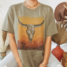 Load image into Gallery viewer, Bull Skull Desert Bella Canvas® Unisex Jersey Short Sleeve Tee in Natural, White, Dark Heather or Heather Olive Desert Bull Skull T-Shirt