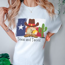 Load image into Gallery viewer, Adorable Texas and Tacos Unisex Comfort Colors® T-shirt Women's Mustard, Green, Melon or White Cute Western Cowboy Gnome with a Taco