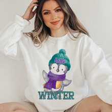 Load image into Gallery viewer, Hello Winter Penguin Crewneck Sweatshirt Women's Soft, Cozy Pullover in Ash or White Cute Watercolor Penguin in a Beanie Design