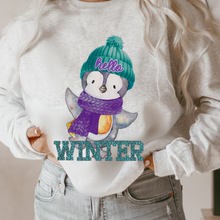 Load image into Gallery viewer, Hello Winter Penguin Crewneck Sweatshirt Women's Soft, Cozy Pullover in Ash or White Cute Watercolor Penguin in a Beanie Design