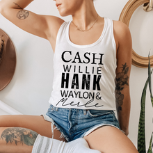 Load image into Gallery viewer, Trendy Summer Cash Willie Hank Merle Women's Racerback Tank Country Artists Design on a Racerback White or Black Tank