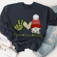 Load image into Gallery viewer, Peace Love Santa Gnome Christmas Crewneck Sweatshirt Cute Warm and Cozy Gildan® Pullover Watercolor Retro Peace Sign and Heart