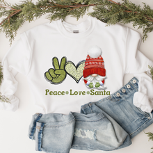 Load image into Gallery viewer, Peace Love Santa Gnome Christmas Crewneck Sweatshirt Cute Warm and Cozy Gildan® Pullover Watercolor Retro Peace Sign and Heart