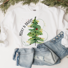 Load image into Gallery viewer, Merry and Bright Women's Watercolor Christmas Tree Crewneck Sweatshirt in Ash or White Christmas Pullover