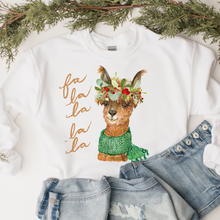 Load image into Gallery viewer, Fa La La La Llama Christmas Crewneck Sweatshirt Women's Watercolor Llama in a Cute Green Winter Scarf Christmas Gift Sweatshirt