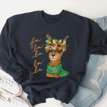 Load image into Gallery viewer, Fa La La La Llama Christmas Crewneck Sweatshirt Women's Watercolor Llama in a Cute Green Winter Scarf Christmas Gift Sweatshirt