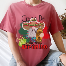 Load image into Gallery viewer, Cinco de Mayo Unisex Comfort Colors® T-shirt, Women's Green or Crimson Cinco de Drinko Fun Drinking shirt, Gnome wit Drinking Bottle Tee