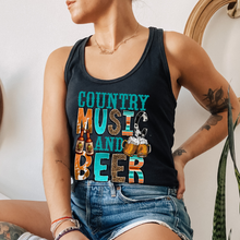 Load image into Gallery viewer, Trendy Summer Country Music and Beer Women's Racerback Tank Cowhide Beer Design on a Racerback Tahiti, Mint, White, Black or Heather Grey Tank