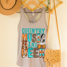 Load image into Gallery viewer, Trendy Summer Country Music and Beer Women's Racerback Tank Cowhide Beer Design on a Racerback Tahiti, Mint, White, Black or Heather Grey Tank