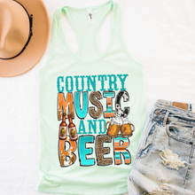 Load image into Gallery viewer, Trendy Summer Country Music and Beer Women's Racerback Tank Cowhide Beer Design on a Racerback Tahiti, Mint, White, Black or Heather Grey Tank