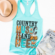 Load image into Gallery viewer, Trendy Summer Country Music and Beer Women's Racerback Tank Cowhide Beer Design on a Racerback Tahiti, Mint, White, Black or Heather Grey Tank
