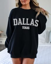 Load image into Gallery viewer, Retro Inspired Dallas Texas Crewneck Sweatshirt, Distressed Design, Dallas Texas Pullover, Trendy Varsity Distressed Letters Pullover