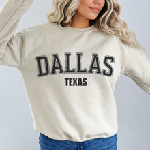 Load image into Gallery viewer, Retro Inspired Dallas Texas Crewneck Sweatshirt, Distressed Design, Dallas Texas Pullover, Trendy Varsity Distressed Letters Pullover