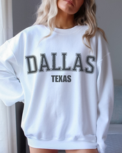 Load image into Gallery viewer, Retro Inspired Dallas Texas Crewneck Sweatshirt, Distressed Design, Dallas Texas Pullover, Trendy Varsity Distressed Letters Pullover