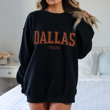 Load image into Gallery viewer, Retro Inspired Dallas Texas Crewneck Sweatshirt, Distressed Design, Dallas Texas Pullover, Trendy Varsity Distressed Letters Pullover