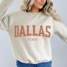 Load image into Gallery viewer, Retro Inspired Dallas Texas Crewneck Sweatshirt, Distressed Design, Dallas Texas Pullover, Trendy Varsity Distressed Letters Pullover