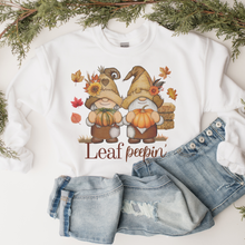Load image into Gallery viewer, Fall Leaf Peepin' Gnomes Crewneck Sweatshirt Cute Warm and Cozy Gildan® Pullover Gnomes Autumn or Winter Shirt