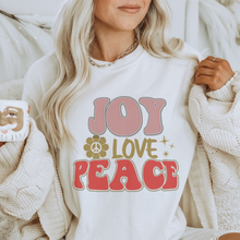 Load image into Gallery viewer, Retro Comfort Colors® Christmas T-shirt, Women's Trendy Joy Love Peace T-Shirt in Grey, Mustard, Pepper, Yam, Crimson, White, Sage