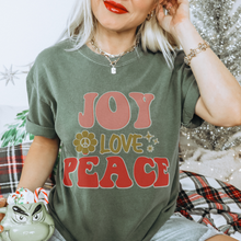 Load image into Gallery viewer, Retro Comfort Colors® Christmas T-shirt, Women's Trendy Joy Love Peace T-Shirt in Grey, Mustard, Pepper, Yam, Crimson, White, Sage