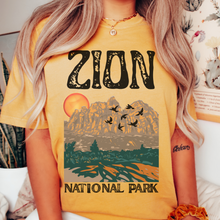 Load image into Gallery viewer, Zion National Park Comfort Colors® Unisex Garment-Dyed T-shirt Trendy Outdoors Hiking Camping in Yam, Mustard, Pepper, White or Black