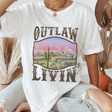 Load image into Gallery viewer, Outlaw Livin' Desert Design Comfort Colors® Unisex Jersey Short Sleeve Tee in White, Yam, Mustard or Green Distressed Desert Cactus Design