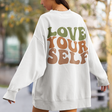 Load image into Gallery viewer, Women's Trendy Love Yourself Retro Design Unisex-Size Crewneck Sweatshirt Gift for Her White Pullover Front or Back Design
