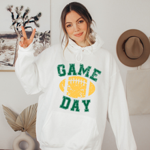 Load image into Gallery viewer, Game Day Unisex Women's or Men's White or Grey Hooded Distressed Green and Yellow Football Design Sweatshirt or Hoodie