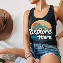 Load image into Gallery viewer, Trendy Explore More Women's Racerback Tank or T-Shirt Design on a Racerback White or Black Tank Tee with a Retro Design