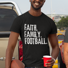 Load image into Gallery viewer, Faith Family Football Unisex Garment-Dyed T-shirt, Men's or Women's Football Tee, Distressed Design Football Season Shirt, Great Gift for Dad, Gift for Football Fan