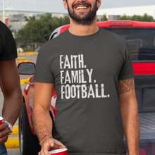 Load image into Gallery viewer, Faith Family Football Unisex Garment-Dyed T-shirt, Men's or Women's Football Tee, Distressed Design Football Season Shirt, Great Gift for Dad, Gift for Football Fan