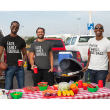 Load image into Gallery viewer, Faith Family Football Unisex Garment-Dyed T-shirt, Men's or Women's Football Tee, Distressed Design Football Season Shirt, Great Gift for Dad, Gift for Football Fan