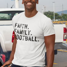 Load image into Gallery viewer, Faith Family Football Unisex Garment-Dyed T-shirt, Men's or Women's Football Tee, Distressed Design Football Season Shirt, Great Gift for Dad, Gift for Football Fan