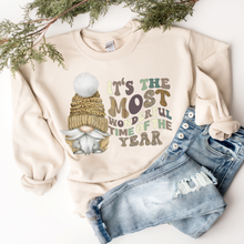 Load image into Gallery viewer, Christmas Crewneck Sweatshirt Retro Pullover Ash, Sand, or White Cozy Soft Gildan Sweatshirt Cute Gnome in Sweater Cap